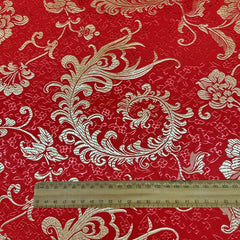 Red & Gold Embroidered Brocade – Metallic Accent Jacquard Fabric