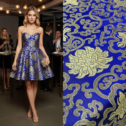 Royal Blue Glossy Satin Brocade - Golden Geometric Jacquard Fabric