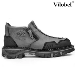 Men Leather Skull Zipper Casual Western Boots