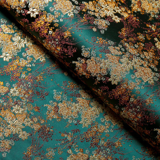 Dark Green & Gold Floral Brocade - Chic Motif Jacquard Woven Textile