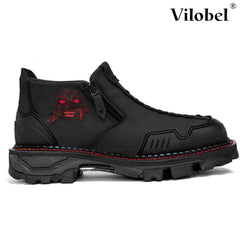 Men Leather Skull Zipper Casual Western Boots